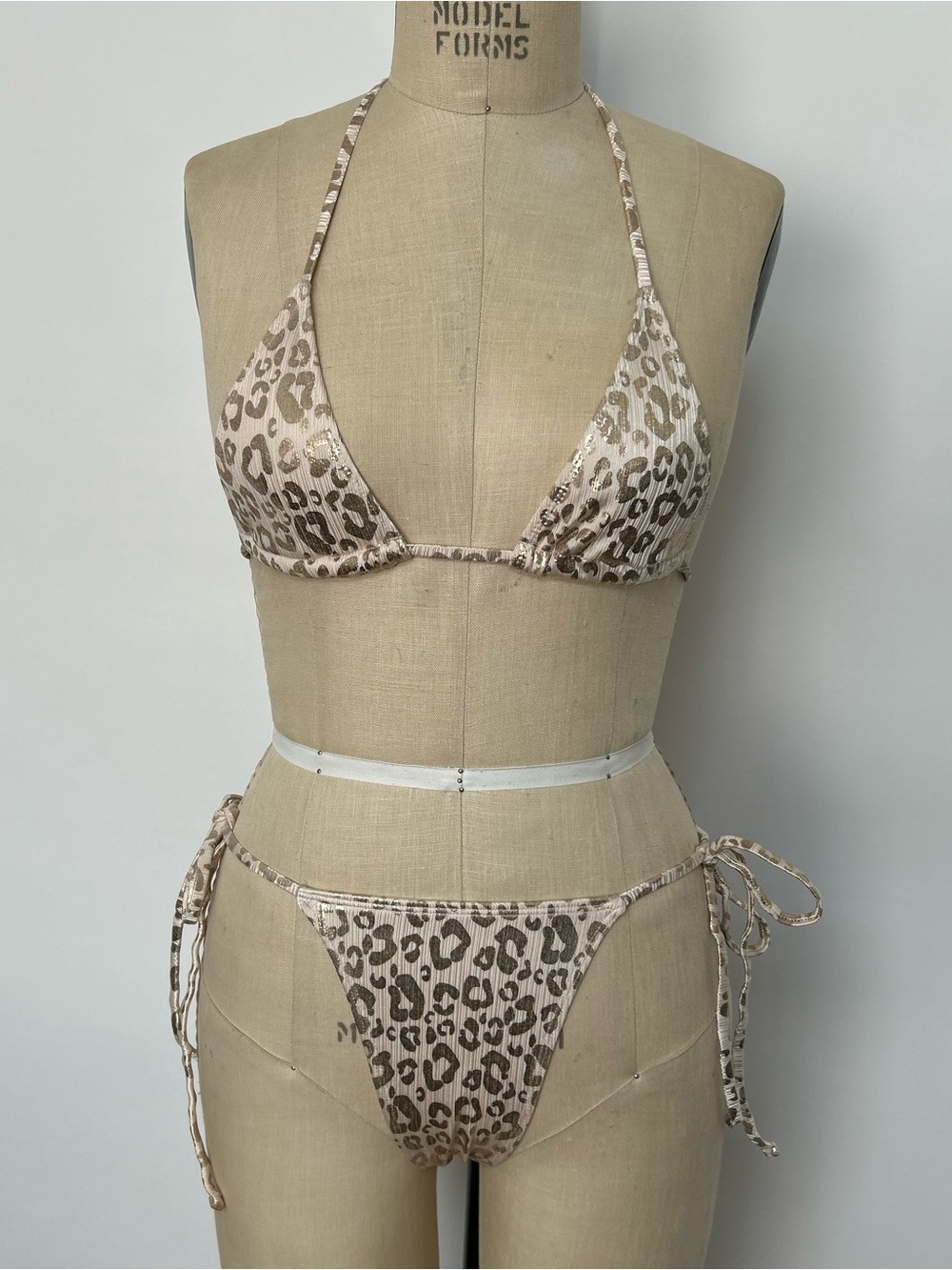 Leopard Print Triangle Bikini Top and Side-Tie Bottoms - Beige